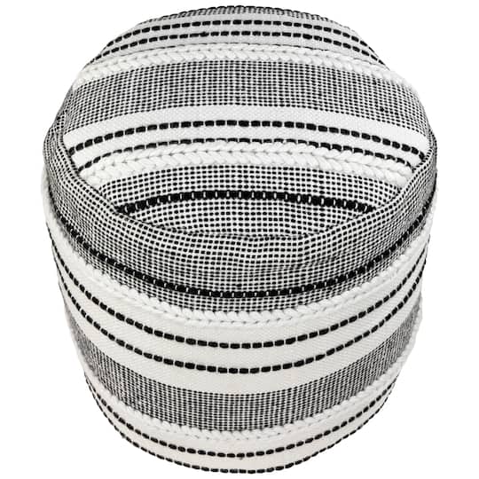 18" White & Black Striped Outdoor Woven Pouf Ottoman